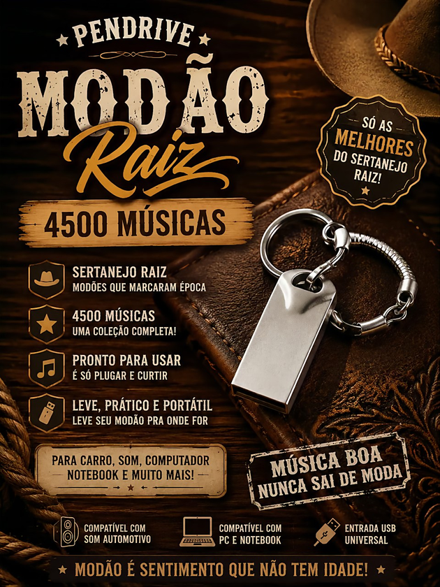 Pendrive Moda Sertaneja com 4.500 músicas, sobre couro e madeira